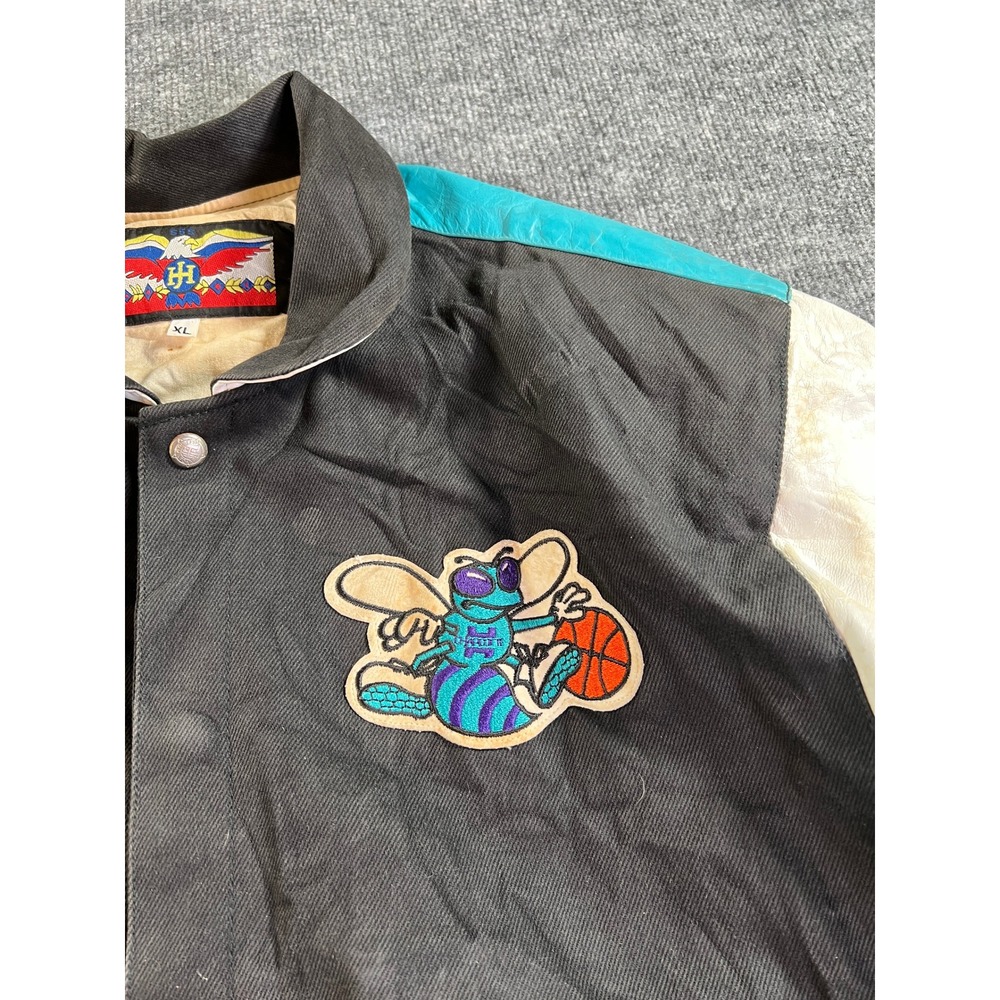 Vintage Jeff Hamilton Charlotte Hornets Leather 90s Varsity Jacket Mens XL Black - Picture 4 of 16